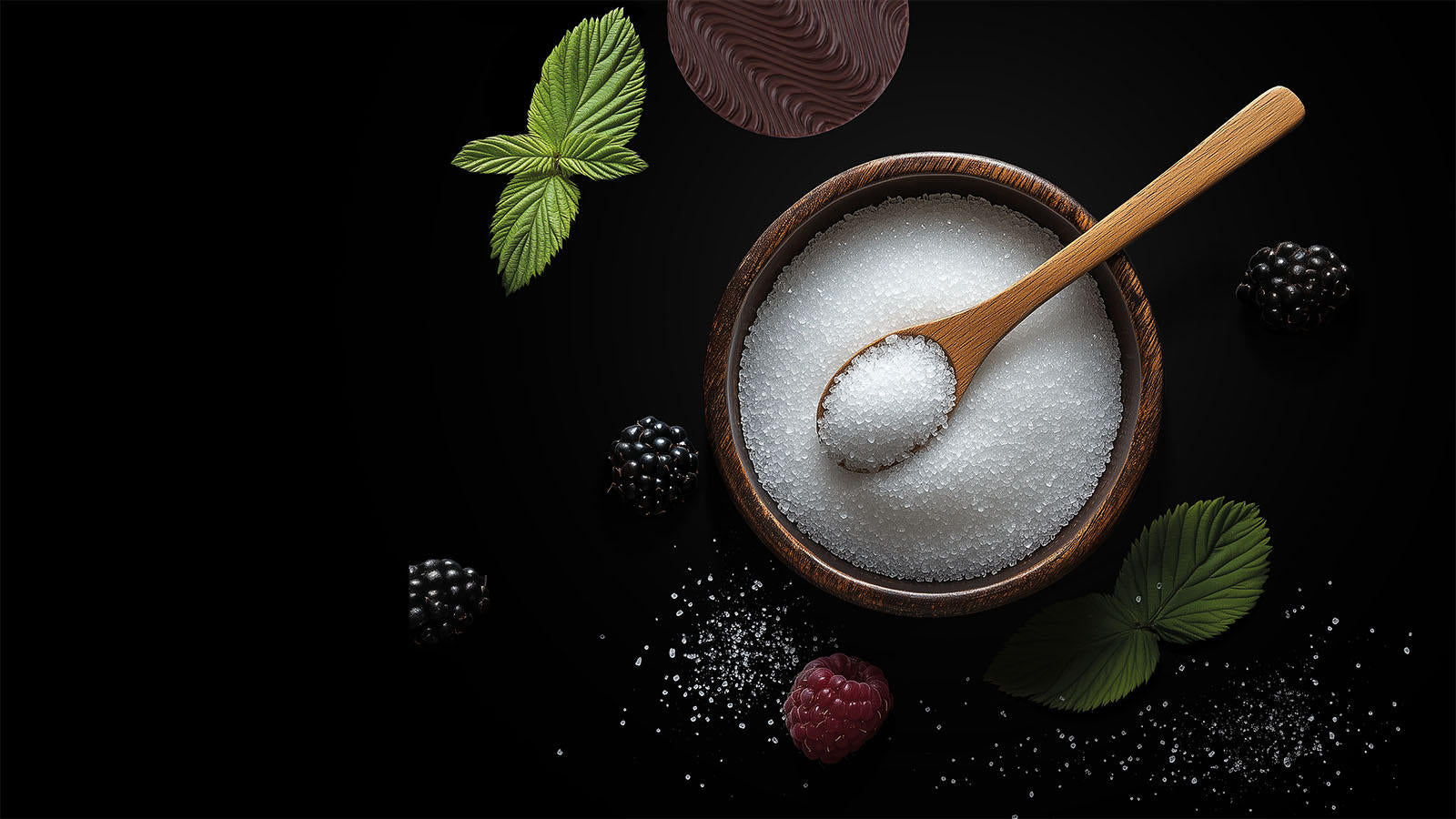 Allulose sweetener granules in a bowl next to sugar-free chocolate