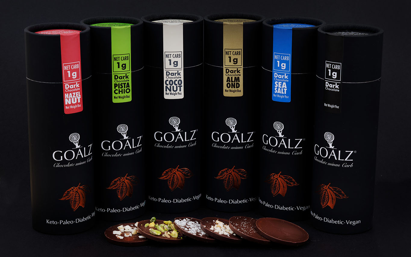 Goalz sugar-free chocolate bundle: Hazelnut, Pistachio, Coconut, Almond, Sea Salt, Dark Keto Chocolate.