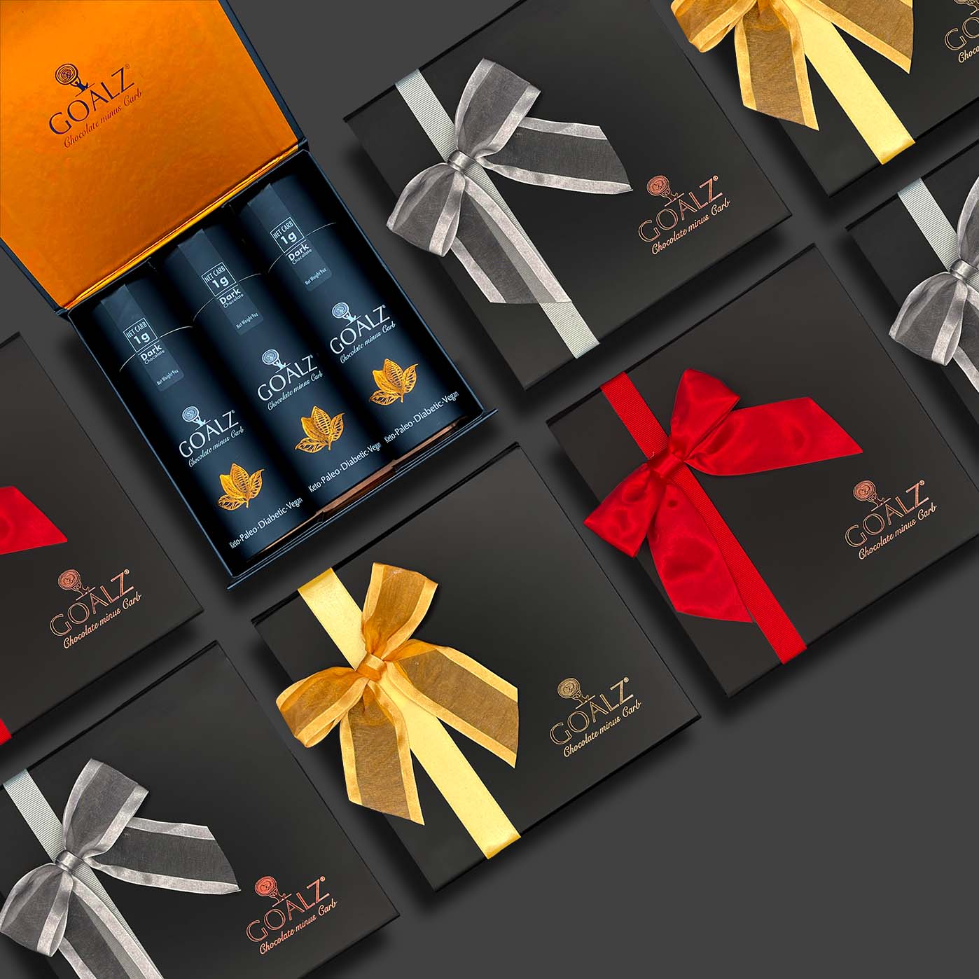 Sugar-Free Chocolate Gift Packs for low carb dieters, diabetics, and vegans. The custom gift boxes are designed for Mother's Day, Valentine's Day, and Christmas. Great gift idea for those who are in keto diet. Chocolates do not spike blood glucose level.