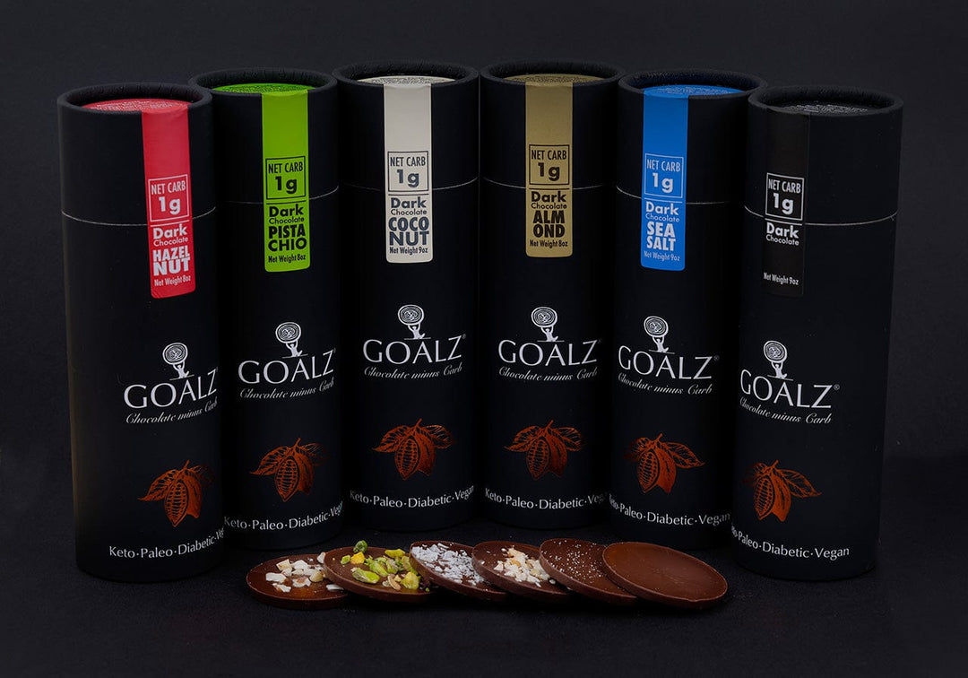 Keto Chocolates with Pistachios, Almonds, Hazelnuts, Coconuts, Sea Salt, and Plain Dark Chocolate. 