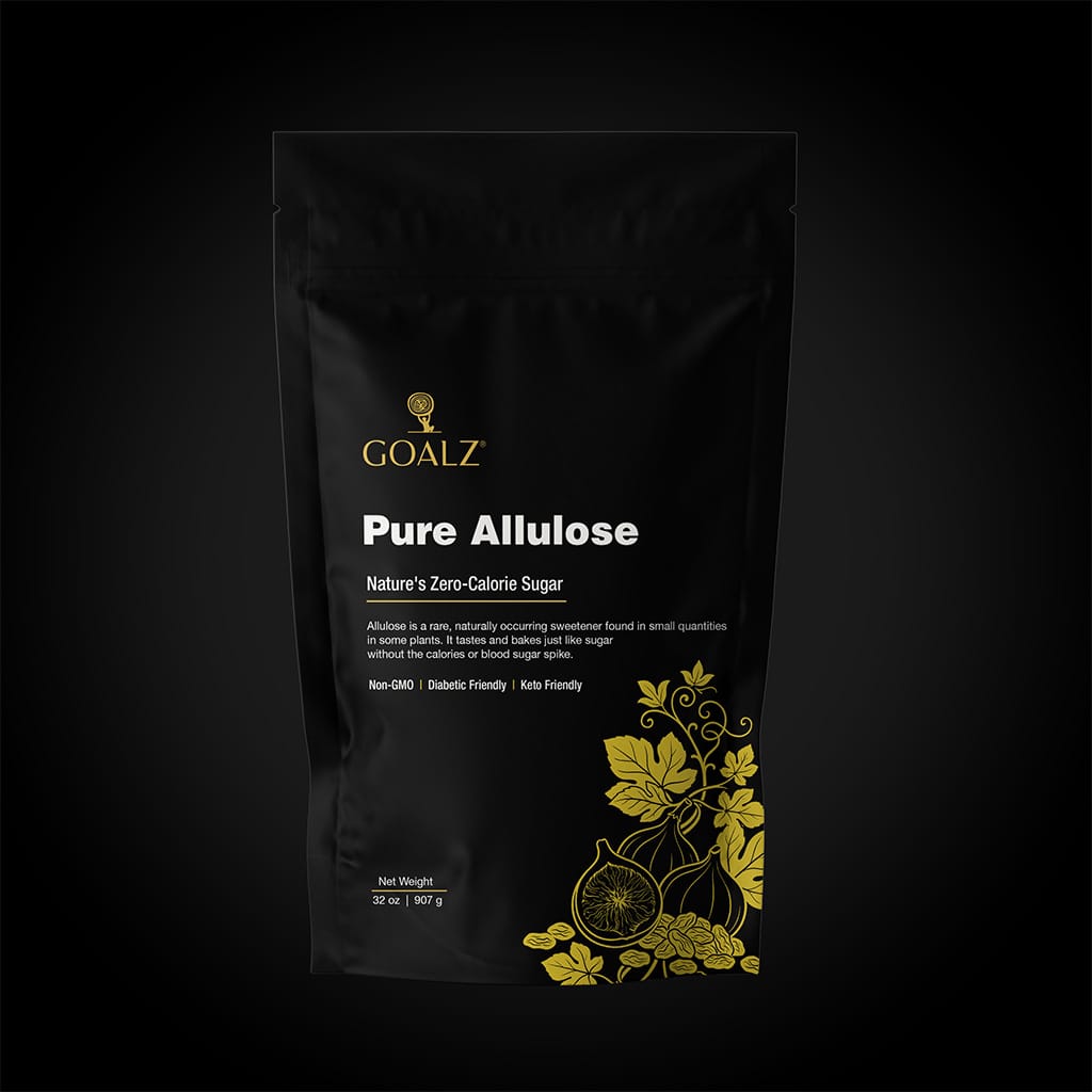 A black stand-up pouch of GOALZ Pure Allulose, a low-calorie sugar substitute, featuring gold botanical illustrations and white text on a dark background.
